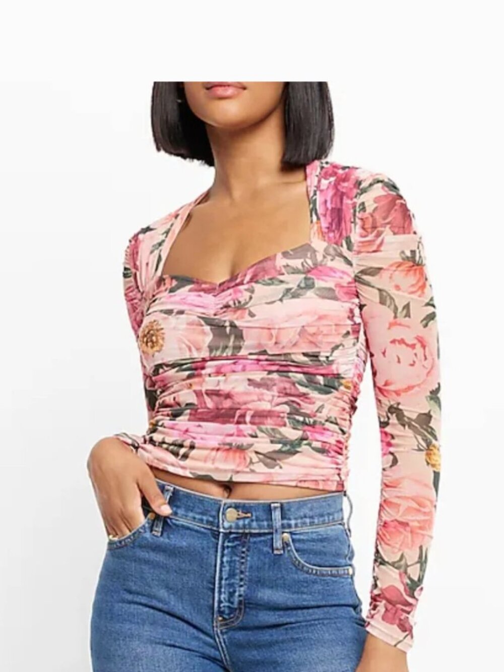 Express Body Contour Pink Floral Mesh Cropped Top, Size XL, Coquette Core